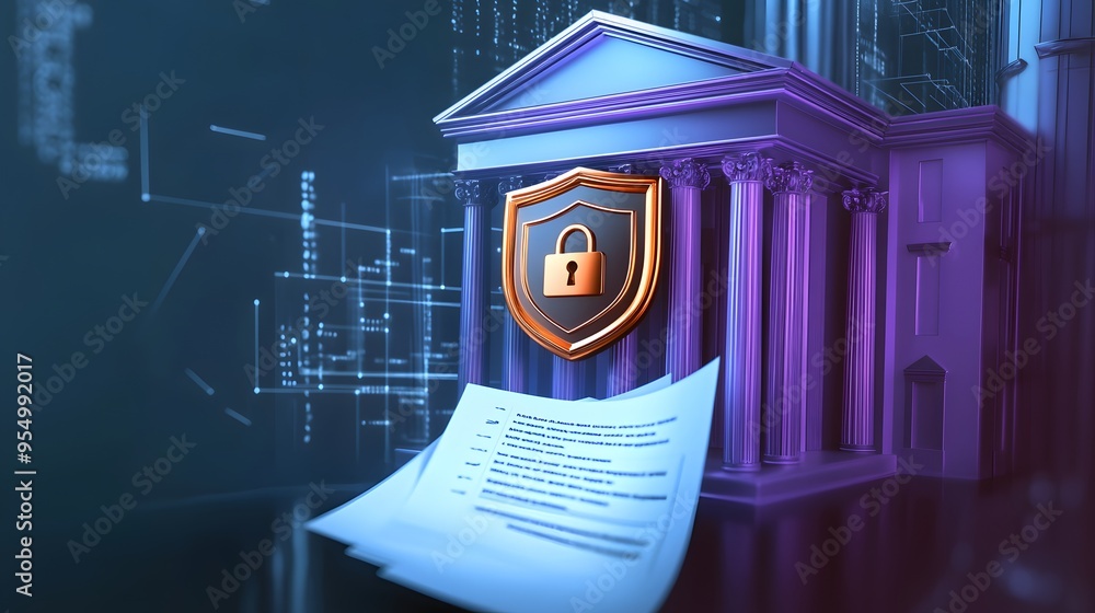 Poster web banner with bank building and shield indicating security and encryption, padlock and finance doc