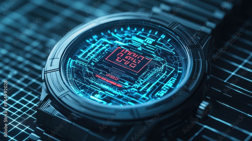 Poster futuristic smartwatch with glowing digital display, featuring intricate circuits and technology for 