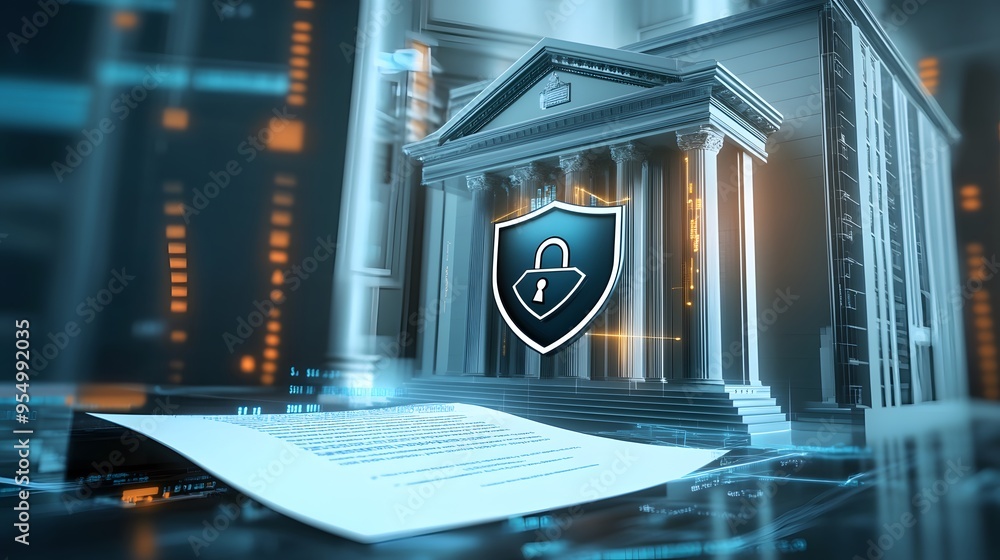 Poster web banner with bank building and shield indicating security and encryption, padlock and finance doc
