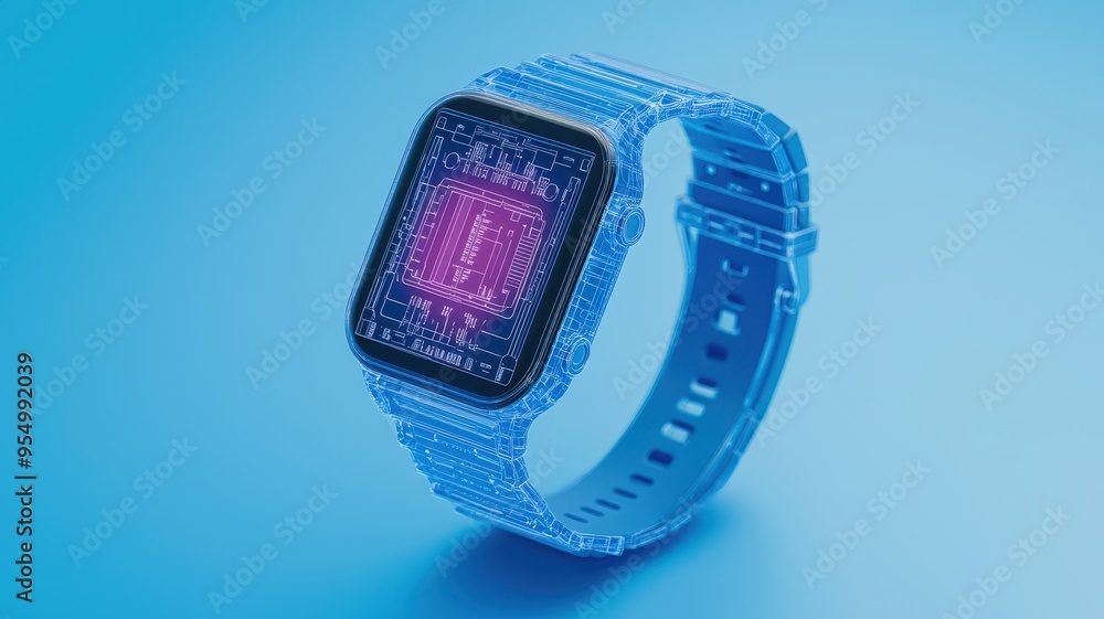 Poster futuristic smartwatch featuring a transparent design and vibrant digital display on a blue backgroun