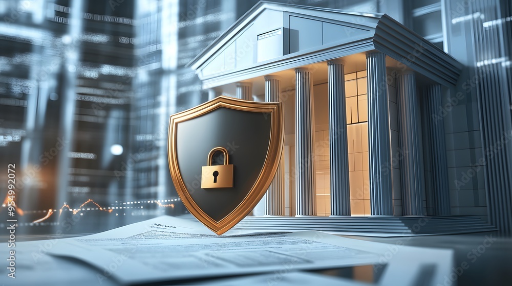 Poster web banner with bank building and shield indicating security and encryption, padlock and finance doc