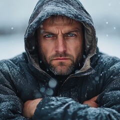 Freezing Man in Winter Gear with Frost and Snow Goggles