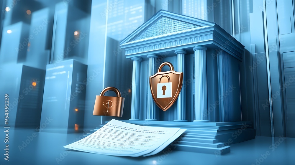 Poster web banner with bank building and shield indicating security and encryption, padlock and finance doc