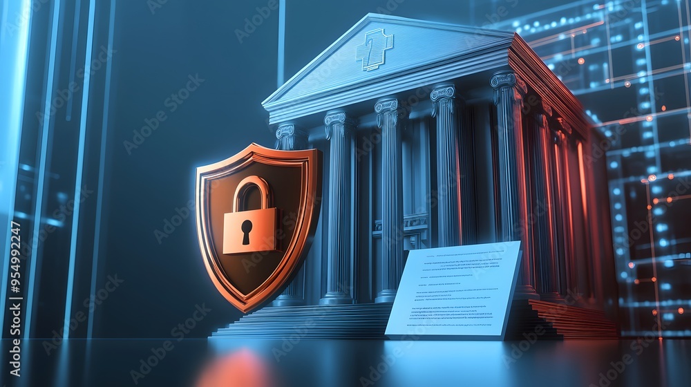Poster web banner with bank building and shield indicating security and encryption, padlock and finance doc
