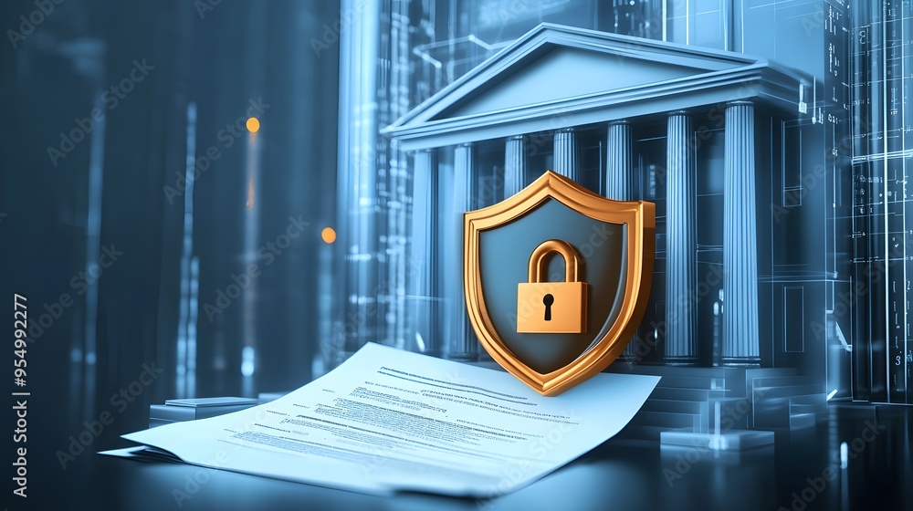Poster web banner with bank building and shield indicating security and encryption, padlock and finance doc