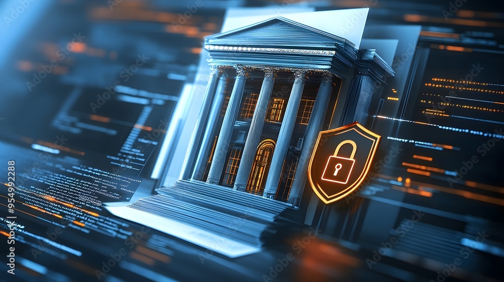 Poster web banner with bank building and shield indicating security and encryption, padlock and finance doc