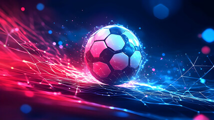 Futuristic Soccer Ball Abstract Background with Neon Lights and Geometric Shapes