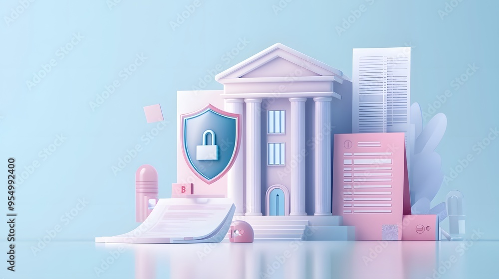 Poster Web banner with bank building and shield indicating security and encryption, padlock and finance document, 3d composition