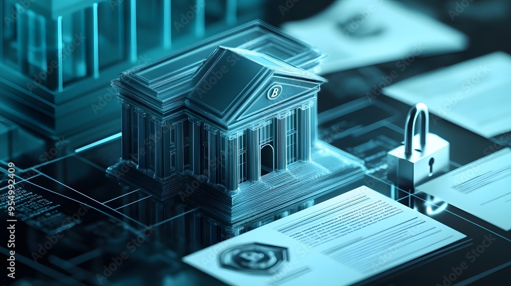 Aufkleber web banner with bank building and shield indicating security and encryption, padlock and finance doc