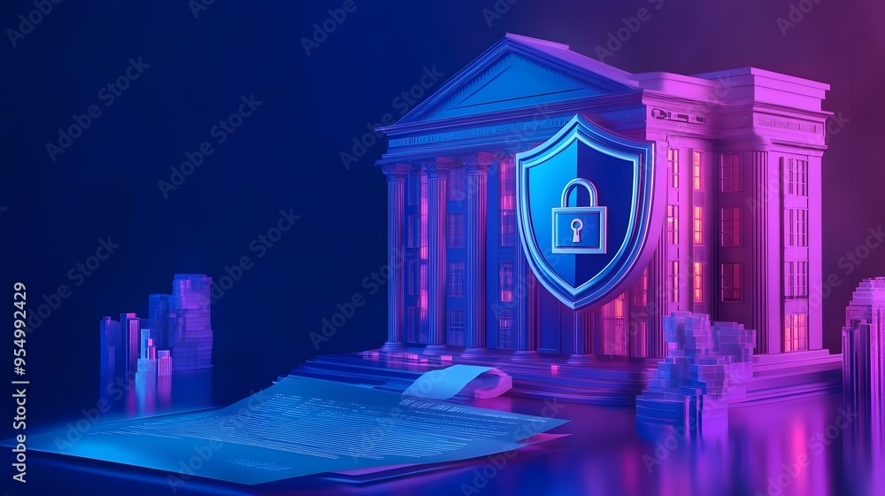 Poster web banner with bank building and shield indicating security and encryption, padlock and finance doc