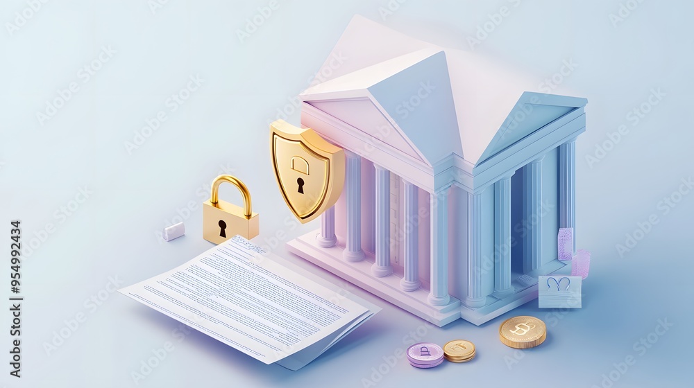 Aufkleber web banner with bank building and shield indicating security and encryption, padlock and finance doc