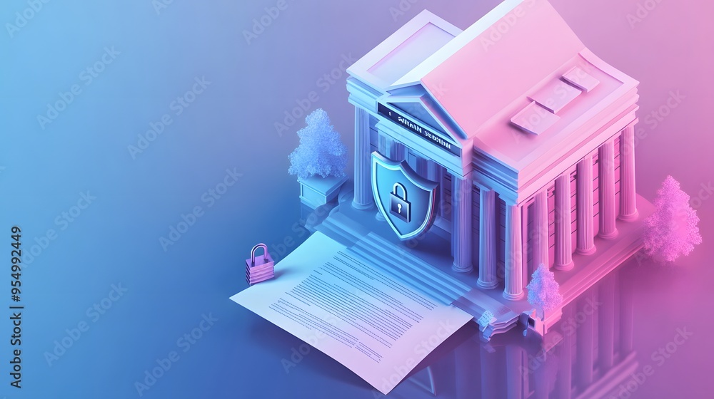 Poster web banner with bank building and shield indicating security and encryption, padlock and finance doc