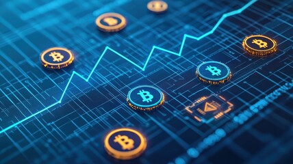 Illustration of cryptocurrency trends with Bitcoin icons and graph, showcasing digital finance and trading activities.