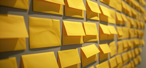 Wall covered in yellow sticky notes arranged in a grid pattern.