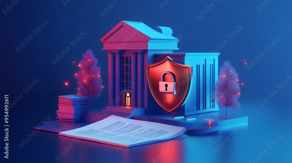 Poster web banner with bank building and shield indicating security and encryption, padlock and finance doc