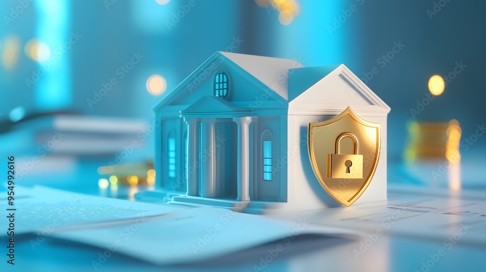 Poster web banner with bank building and shield indicating security and encryption, padlock and finance doc