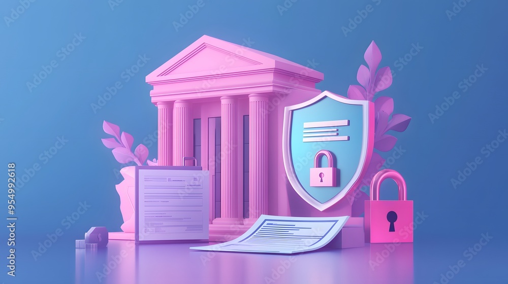 Poster web banner with bank building and shield indicating security and encryption, padlock and finance doc