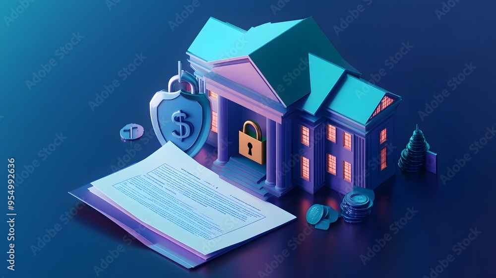 Poster web banner with bank building and shield indicating security and encryption, padlock and finance doc