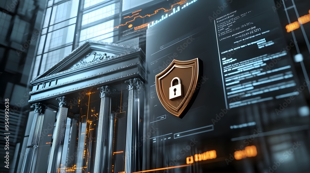 Aufkleber web banner with bank building and shield indicating security and encryption, padlock and finance doc