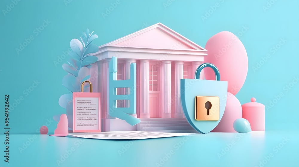 Poster web banner with bank building and shield indicating security and encryption, padlock and finance doc