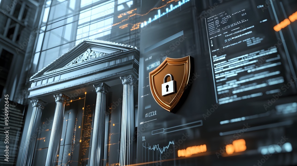Aufkleber web banner with bank building and shield indicating security and encryption, padlock and finance doc