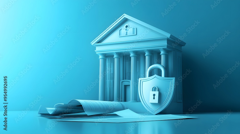 Poster web banner with bank building and shield indicating security and encryption, padlock and finance doc