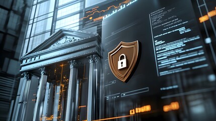 Web banner with bank building and shield indicating security and encryption, padlock and finance document, 3d composition