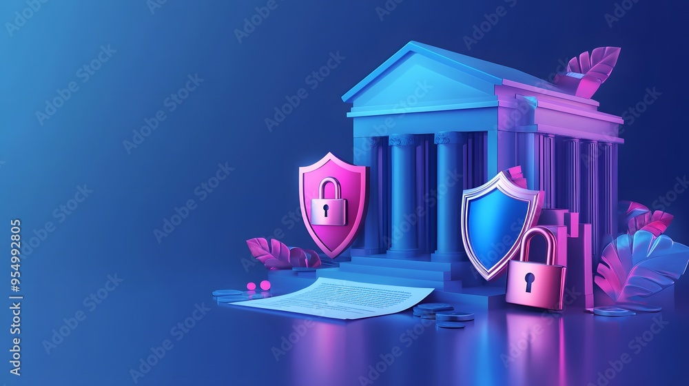 Poster web banner with bank building and shield indicating security and encryption, padlock and finance doc