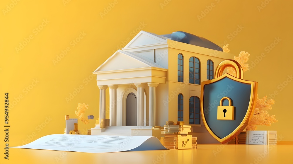 Poster Web banner with bank building and shield indicating security and encryption, padlock and finance document, 3d composition