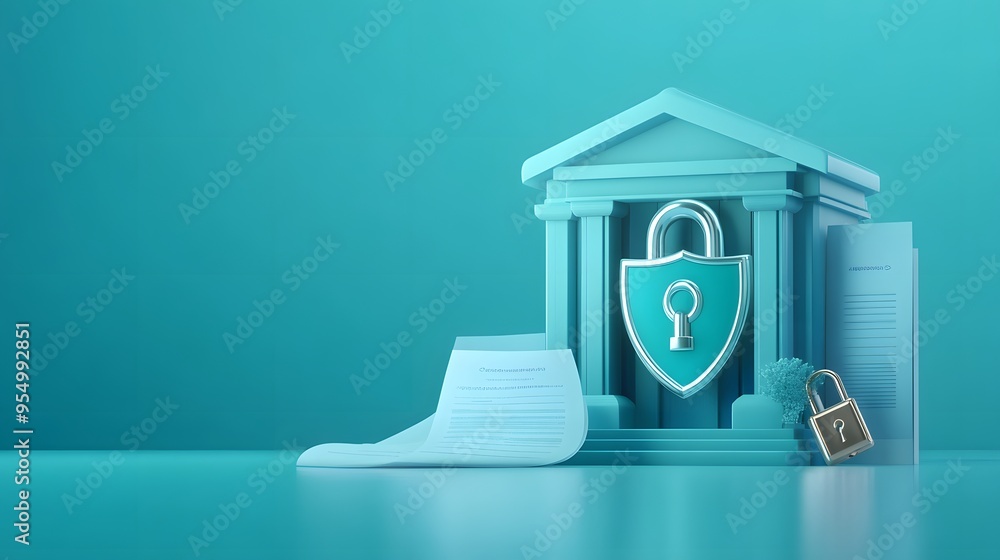 Poster web banner with bank building and shield indicating security and encryption, padlock and finance doc