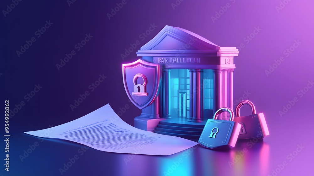 Poster Web banner with bank building and shield indicating security and encryption, padlock and finance document, 3d composition