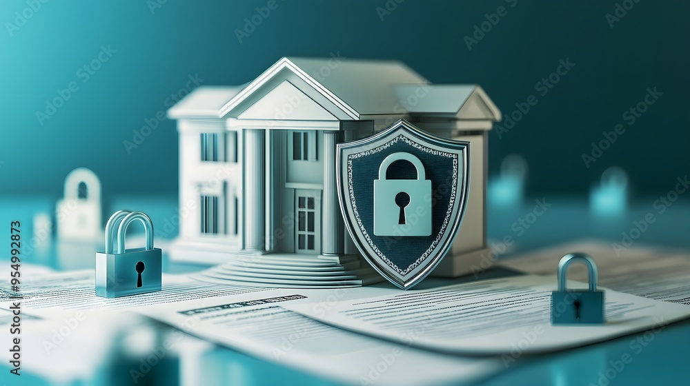 Poster web banner with bank building and shield indicating security and encryption, padlock and finance doc