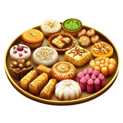 Fototapeta premium A vibrant assortment of traditional sweets displayed on a decorative platter, ideal for festive occasions and celebrations.