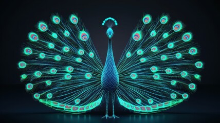 Stunning digital peacock with vibrant feathers illuminated by neon lights against a dark backdrop, symbolizing beauty and elegance.