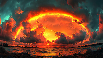 Fiery Sunset Over a Cityscape with Dark Clouds and Waves