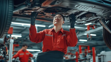 Skilled Asian technicians in a workshop, removing the underbody from a car on a lift to inspect for any issues.