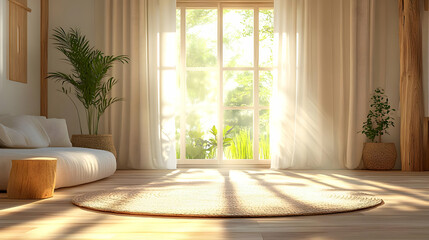 Fototapeta premium Sunlight Streams Through Sheer Curtains in a Minimalist Living Room with a Round Jute Rug on Wooden Floors