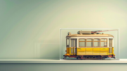 Vintage Yellow Tram in Glass Display Case