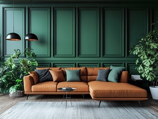 Modern Living Room with Green Walls and Leather Sofa
