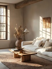 Modern Living Room Interior Design with Beige Sofa  Wooden Coffee Table  and Natural Light