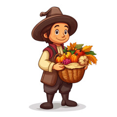 Cheerful boy in a hat holding a basket full of colorful fruits and vegetables, perfect for autumn-themed designs.