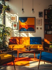 Mid Century Modern Living Room with Yellow Sofa  Blue Armchairs  and Colorful Artwork