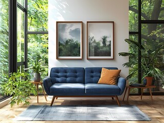Modern Living Room Interior Design with Blue Sofa  Plants  and Framed Artwork