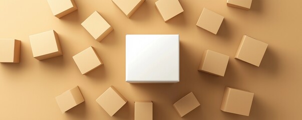 Cluster of Cardboard Boxes Surrounding a Pristine White Box Centered on a Neutral Background