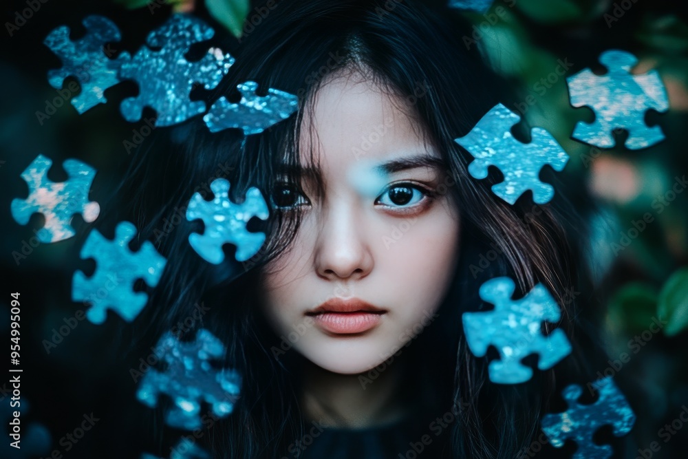 Poster multiple sclerosis archiving surreal portrait of a woman with puzzle pieces symbolizing the complexi
