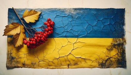 Aged Ukraine Flag with Viburnum Accents- A vintage-style Ukraine flag with cracked textures Graphic art illustration background
