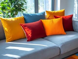 Colorful Pillows on a Grey Sofa with Sunlight