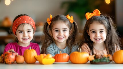Happy Girls with Pumpkins for Fall Decoration
