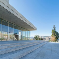 Modern architecture highlights a spacious entrance of a cultural center in a city, surrounded by greenery on a clear day
