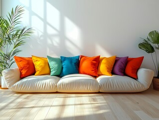 Modern Living Room with Colorful Pillows on White Sofa
